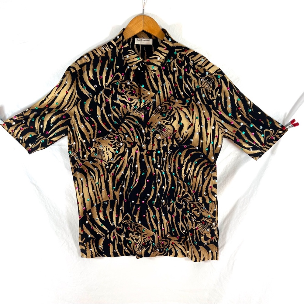 SAINT LAURENT Silk Mens Shirt Tiger Pattern & Metallic Dot Gems Marked as 15.5US